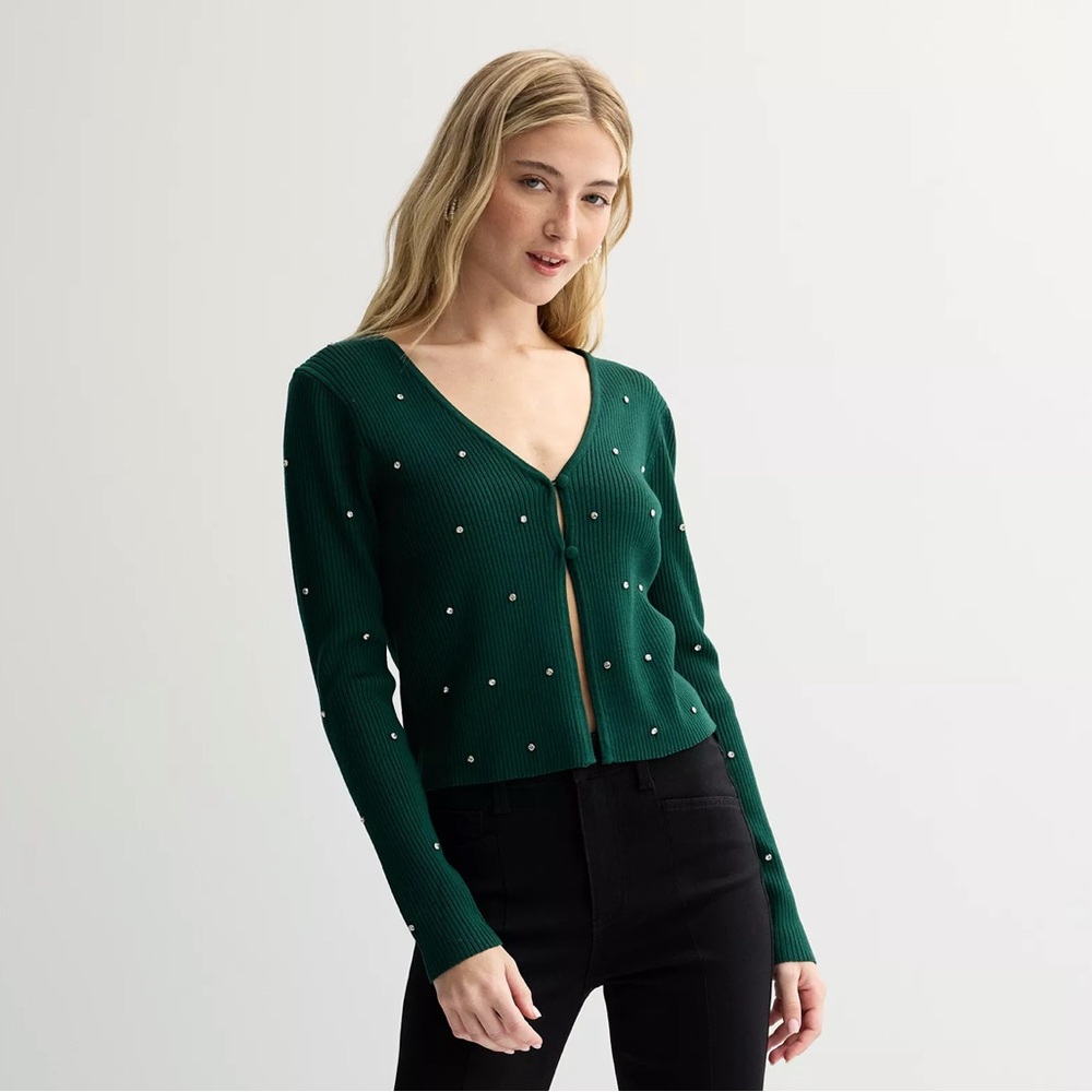 Madden Girl Long Sleeve V-Neck Button Front Rhinestone Cardigan